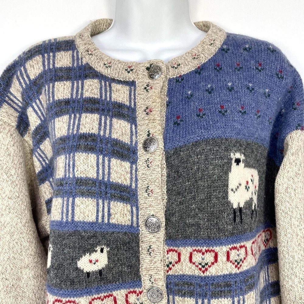Vintage Eddie Bauer Sheep Patchwork Wool Cardigan Sweater Women's M - Picture 6 of 12